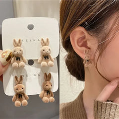 Cute Rabbit Earrings | Korean Style Cartoon Plush Rabbit Bow Earrings For Women Girls – 1 Pair (random Color